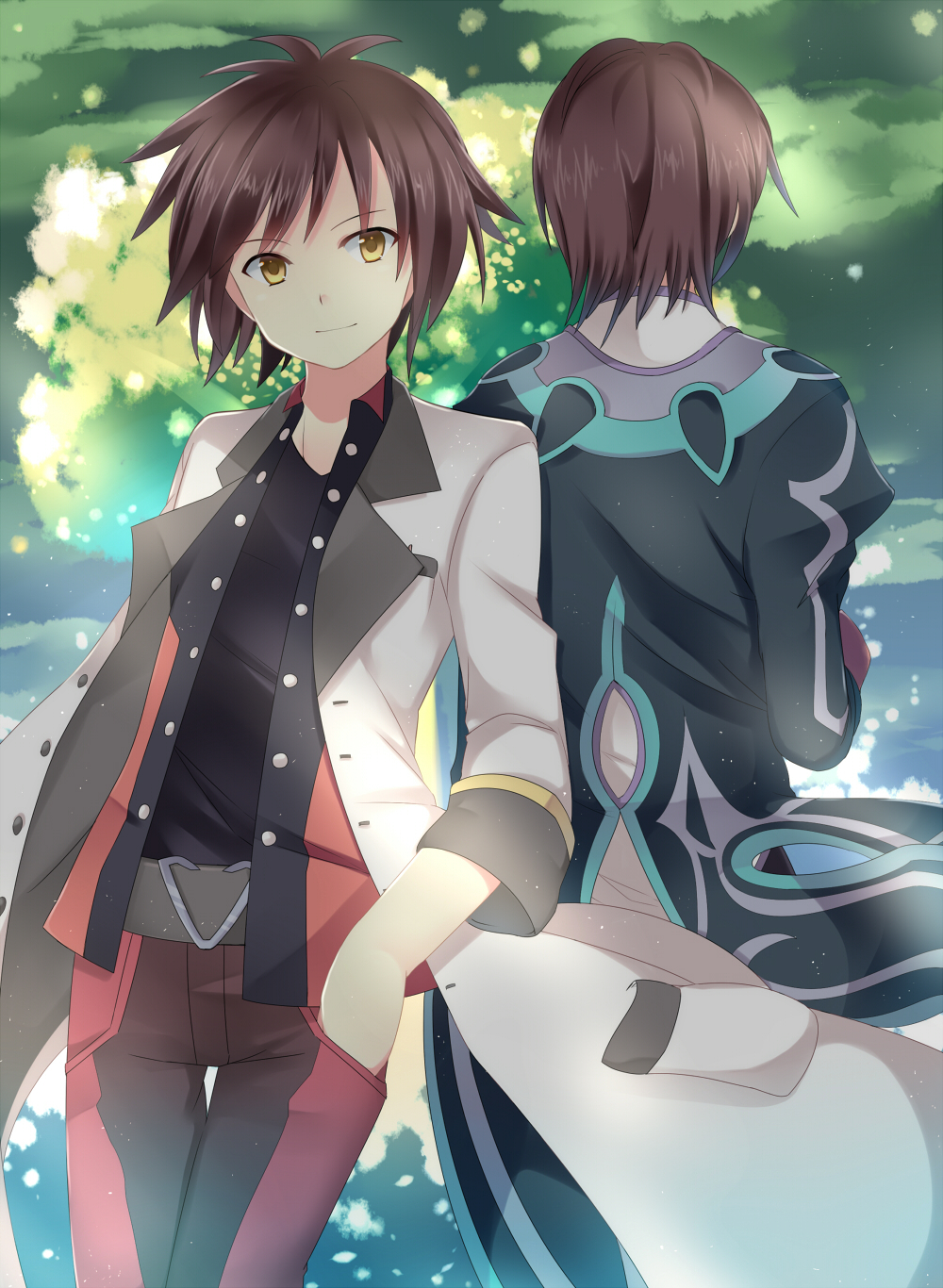 back-to-back coat dual_persona green_background hand_in_pocket highres jude_mathis pants rento_(rukeai) smile tales_of_(series) tales_of_xillia tales_of_xillia_2 yellow_eyes