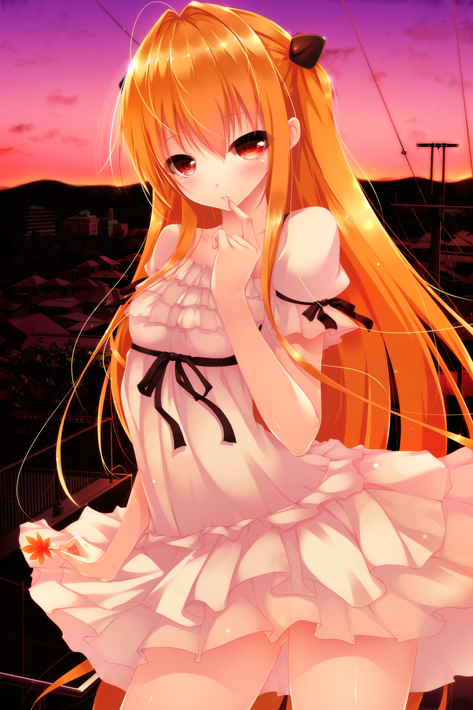 blonde_hair blush collarbone dress finger_to_mouth hair_ornament highres konjiki_no_yami long_hair looking_at_viewer mogu red_eyes solo sunset to_love-ru to_love-ru_darkness two_side_up