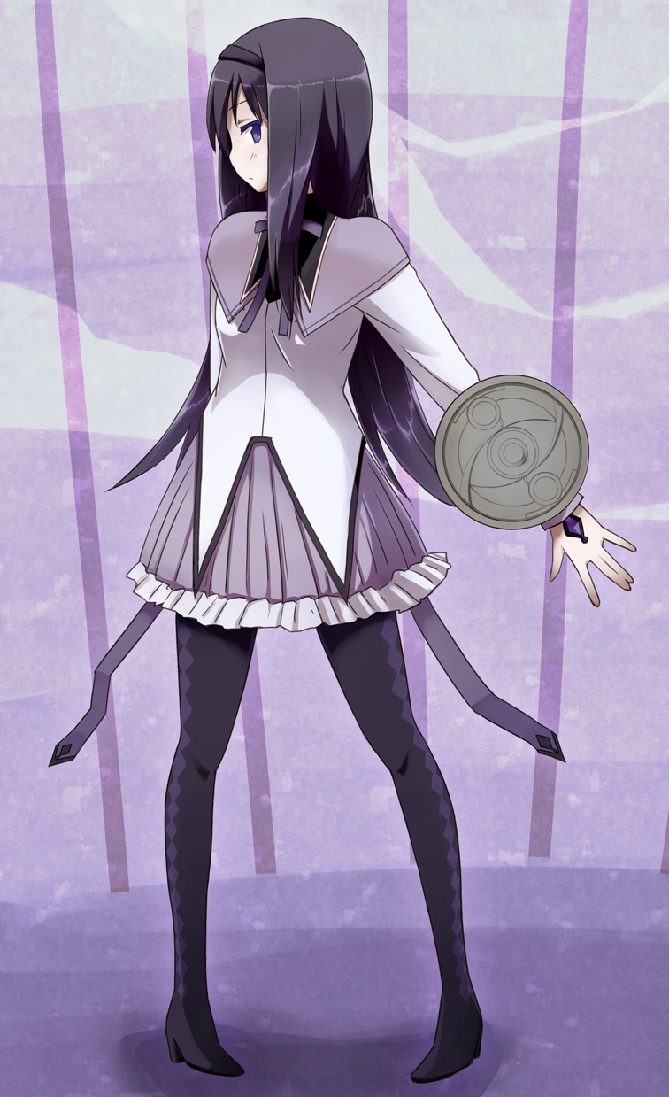 akemi_homura black_hair black_legwear hairband highres kirigaya_yuuji long_hair looking_back magical_girl mahou_shoujo_madoka_magica pantyhose pigeon-toed pose purple_eyes shield solo standing violet_eyes