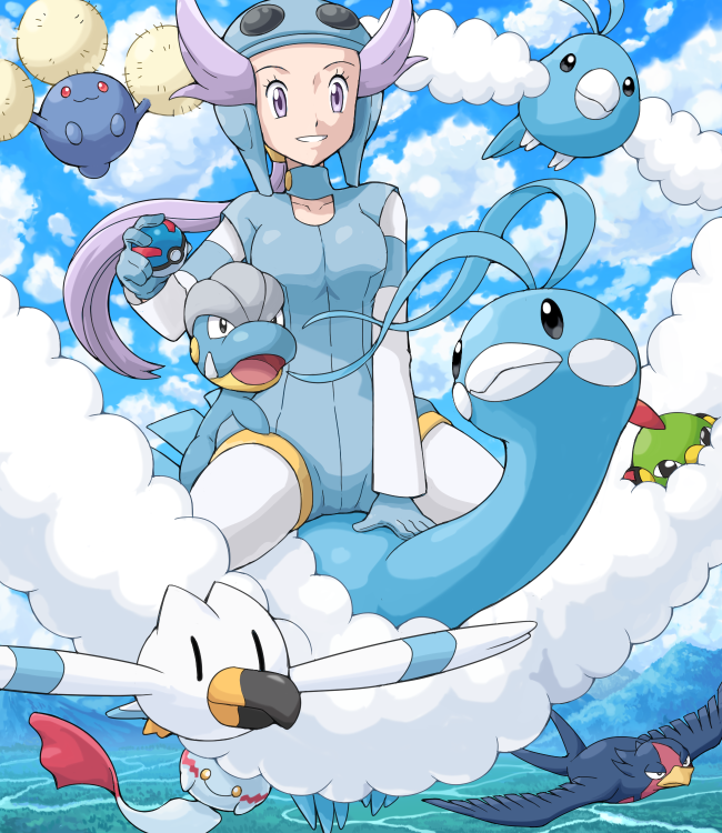 1girl altaria aviator_cap bagon blue_sky chimecho cloud clouds flight_goggles flying gloves goggles great_ball hat holding holding_poke_ball jumpluff light_smile nagi_(pokemon) natu poke_ball pokemoa pokemon pokemon_(creature) pokemon_(game) pokemon_rse purple_eyes purple_hair riding sitting sitting_on_animal sky straddle swablu swellow wingull