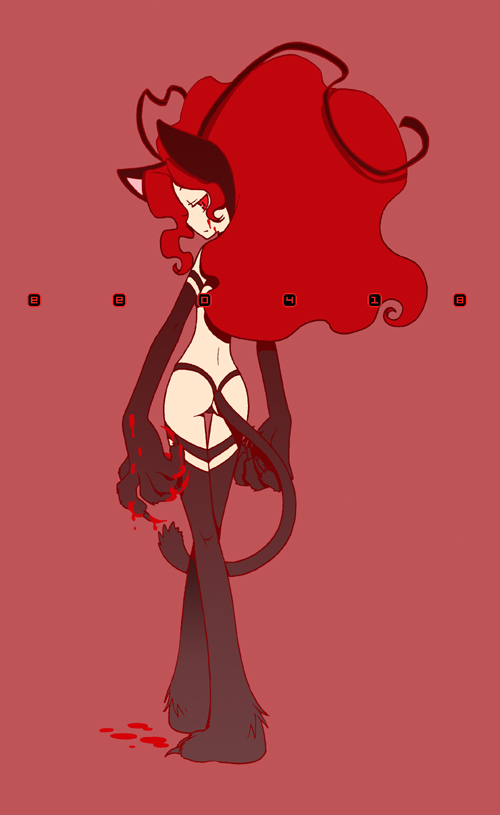 alternate_color alternate_hair_color animal_ears big_hair blood cat_ears cat_tail crossed_legs_(standing) ee0418 felicia from_behind full_body long_hair paws red red_background red_hair redhead solo tail vampire_(game)