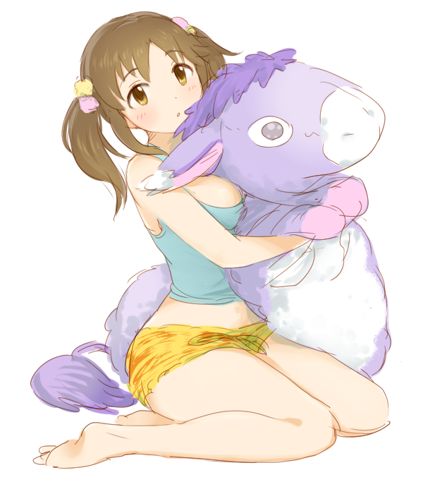 :o barefoot blush brown_eyes brown_hair dani-ikapi doll_hug hair_ornament hug idolmaster idolmaster_cinderella_girls looking_at_viewer short_twintails shorts simple_background solo stuffed_animal stuffed_donkey stuffed_toy tank_top totoki_airi twintails