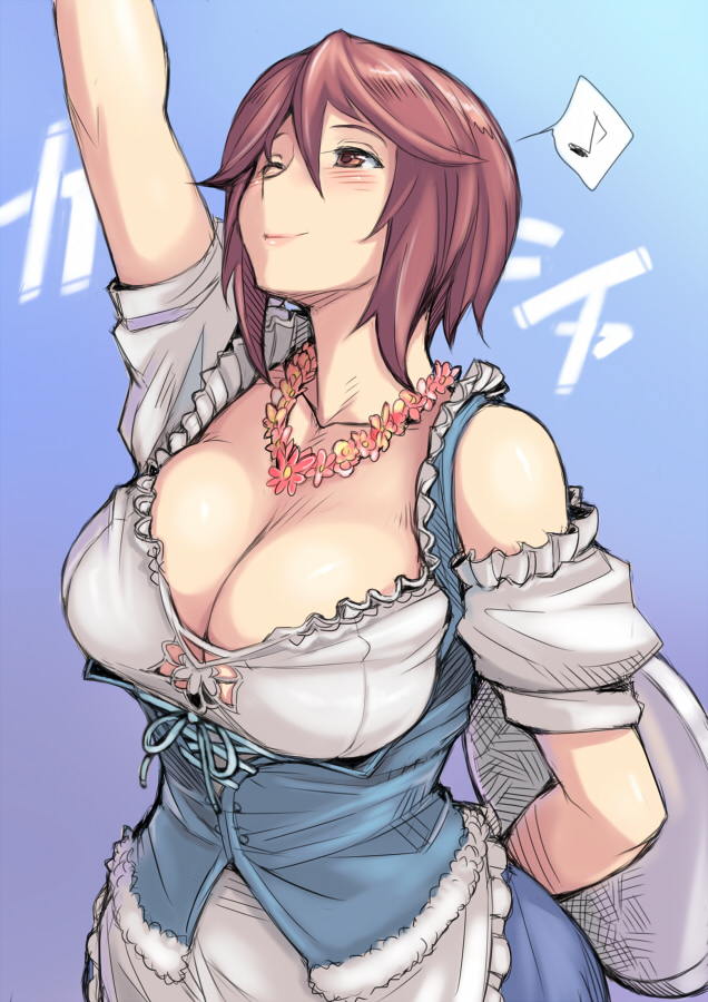 adult arm_behind_back bar_maid bare_shoulders blush breasts brown_eyes brown_hair cleavage cleavage_cutout corset dirndl flower flower_necklace jewelry large_breasts musical_note necklace oktoberfest reaching rozen_maiden rozenweapon short_hair smile solo souseiseki tray