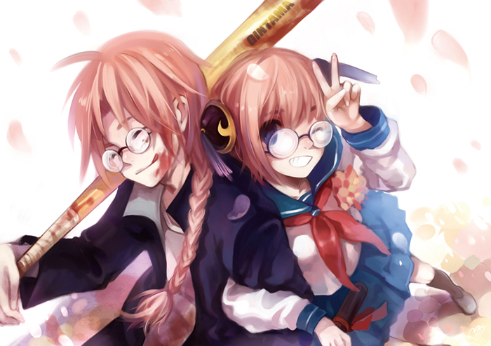 1girl ^_^ baseball_bat bespectacled blood blue_eyes braid brother_and_sister bun_cover closed_eyes double_bun eyes_closed gintama glasses kagura_(gintama) kamui red_hair redhead school_uniform serafuku shell_(pixiv) short_hair siblings single_braid v wink