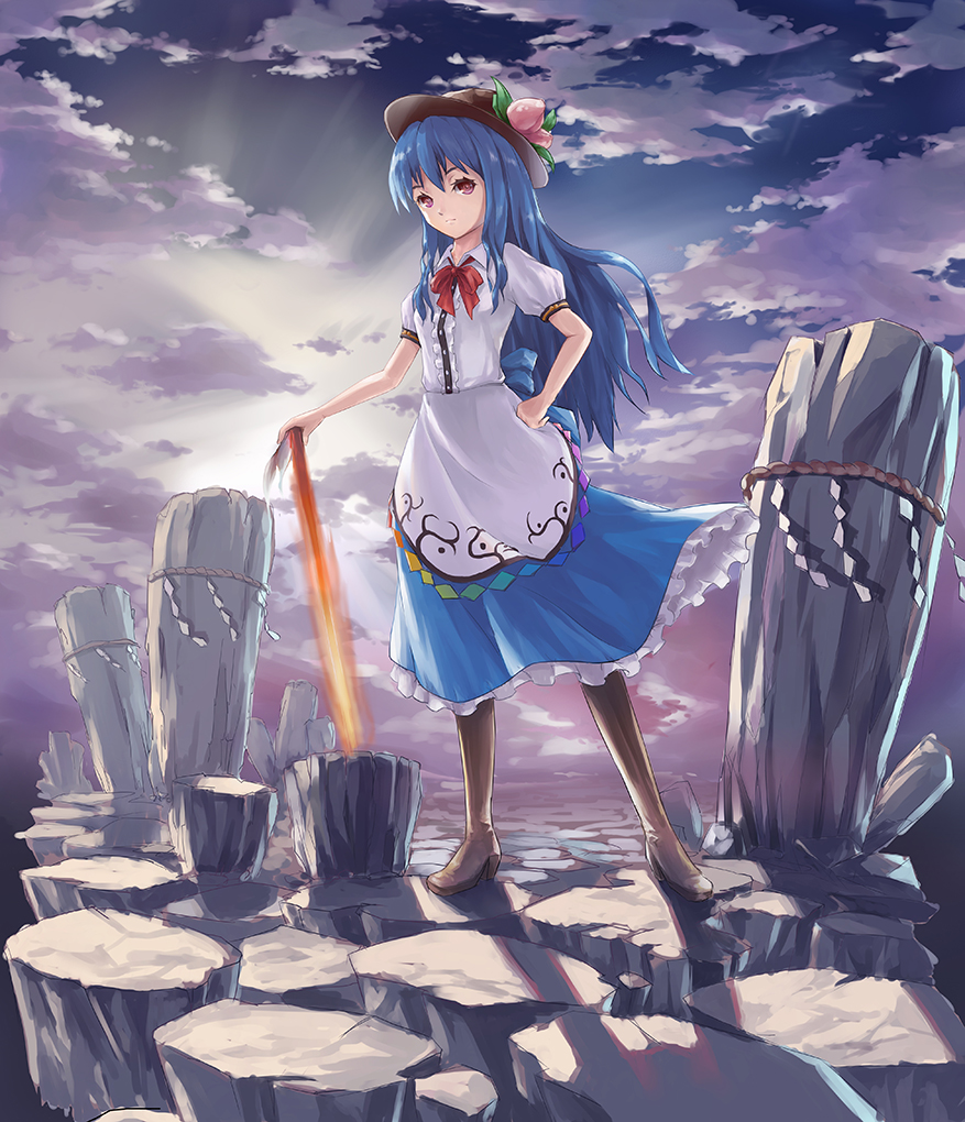 blue_hair boots bow cloud clouds dress food fruit hat hinanawi_tenshi keystone leaf long_hair milent peach puffy_sleeves red_eyes ribbon shimenawa short_sleeves sky solo sword sword_of_hisou touhou weapon