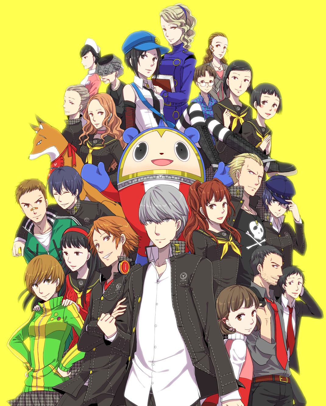 6+girls ^_^ adachi_tooru amagi_yukiko arm_around_neck bandaid_on_nose belt black_hair blonde_hair blue_hair brown_eyes brown_hair buttons cabbie_hat closed_eyes doujima_nanako doujima_ryoutarou dress_shirt ebihara_ai elbow_gloves everyone eyes_closed facial_mark forehead forehead_mark fox glasses gloves grey_eyes grey_hair hairband hanamura_yousuke hands_on_hips hat headphones headphones_around_neck heart highres ichijou_kou jersey jewelry konishi_naoki kujikawa_rise kuma_(persona_4) kuroda_hisano long_hair margaret marie_(persona_4) matsunaga_ayane minami_eri multiple_boys multiple_girls nagase_daisuke nakajima_shu narukami_yuu neckerchief necklace necktie nurse_cap ozawa_yumi persona persona_4 persona_4_the_golden rihara satonaka_chie scar school_uniform serafuku shirogane_naoto shirt short_hair skirt skull_and_crossbones sleeveless smile tatsumi_kanji twintails uehara_sayoko veil yellow_eyes