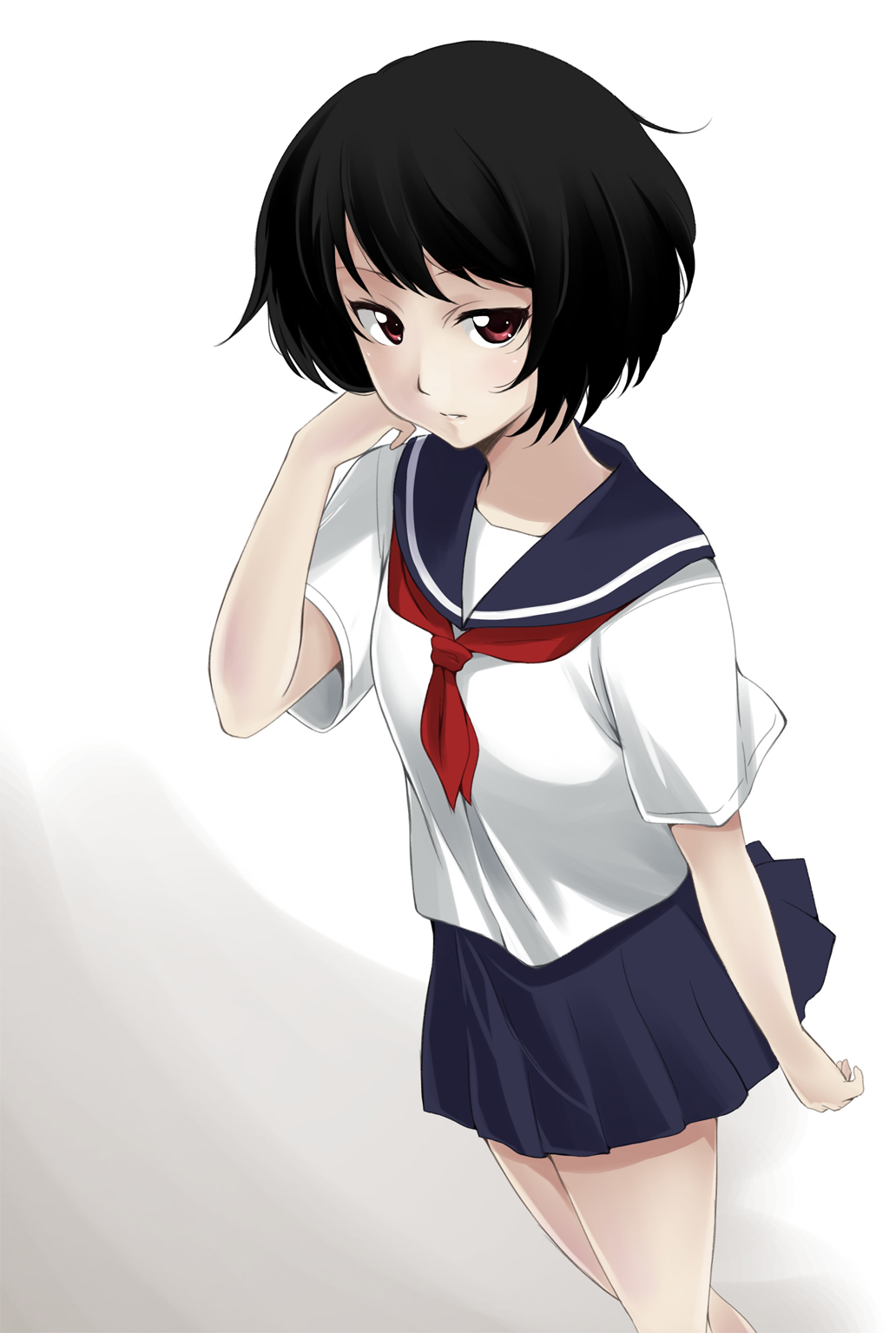 adjusting_hair black_hair highres ikari_manatsu original pleated_skirt red_eyes school_uniform serafuku short_hair skirt solo white_background