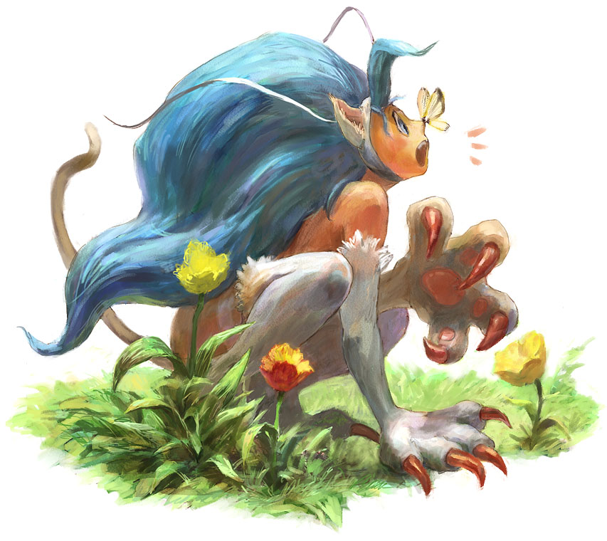 :o animal_ears bare_shoulders big_hair blue_hair butterfly cat_ears cat_tail claws felicia flower full_body fur grass long_hair paws side solo squatting tail vampire_(game) yuza