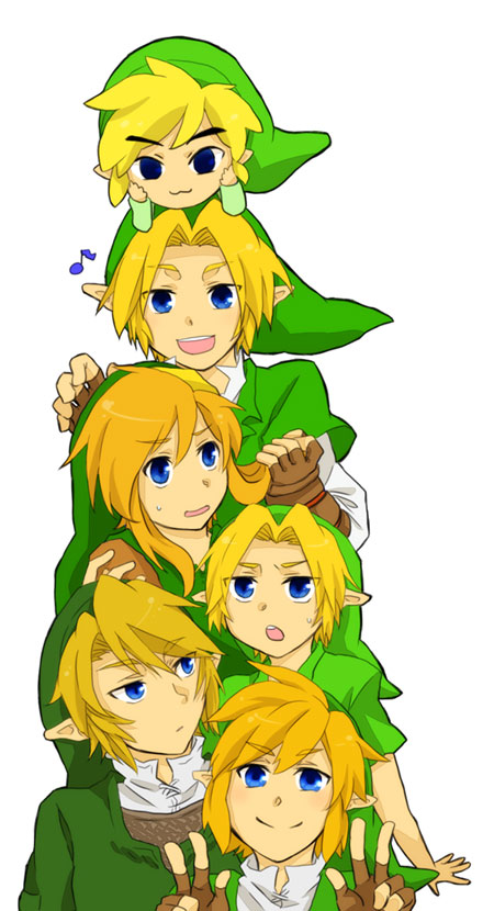 6+boys blonde_hair blue_eyes boy gloves hat link male multiple_boys multiple_persona musical_note ocarina_of_time pointy_ears skyward_sword smile somari the_legend_of_zelda twilight_princess v wind_waker