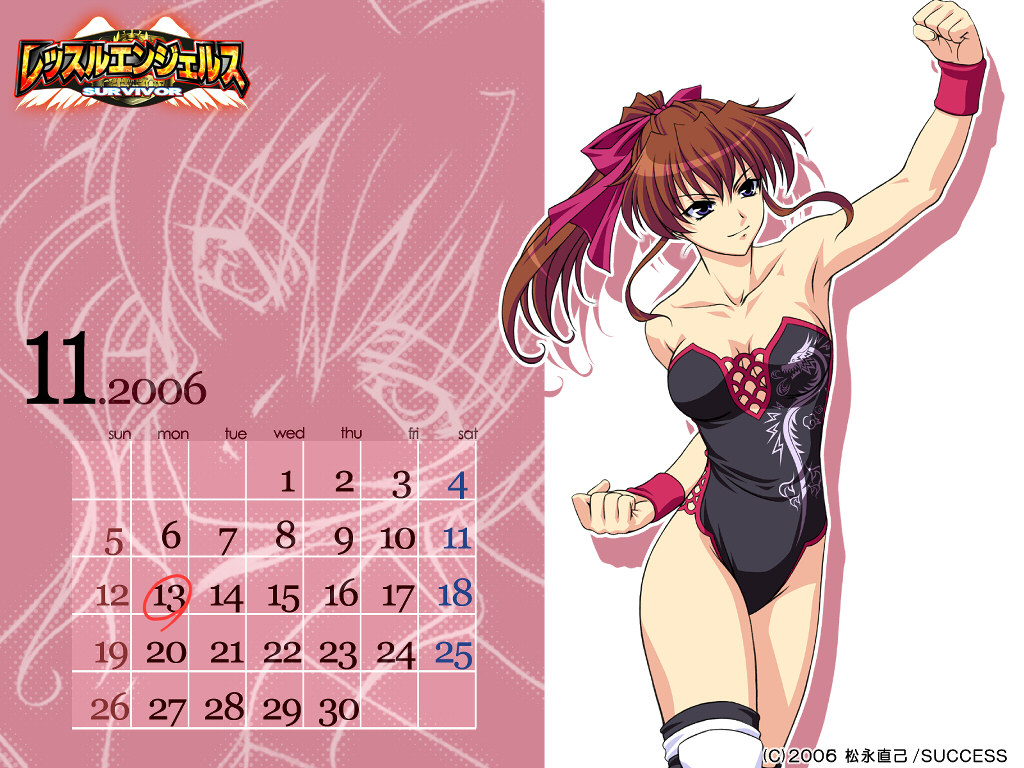 2006 arm_up blue_eyes bow breasts brown_hair calendar cleavage hair_bow hand_up leotard long_hair november ponytail solo thunder_ryuko wrestle_angels wrestle_angels_survivor wrestling_outfit
