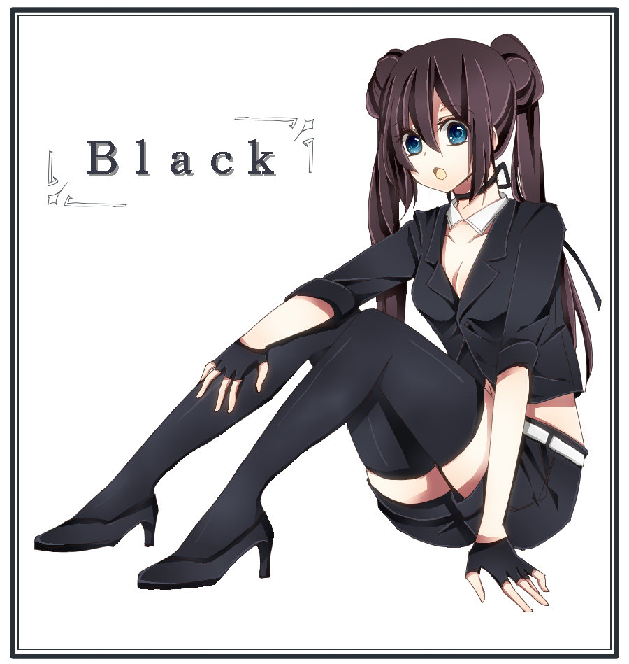 alternate_costume black_legwear blue_eyes breasts brown_hair cleavage double_bun english fingerless_gloves frame gloves high_heels jacket looking_at_viewer mei_(pokemon) no_headwear pokemon pokemon_(game) pokemon_bw2 shina shoes shorts sitting solo thigh-highs thighhighs twintails