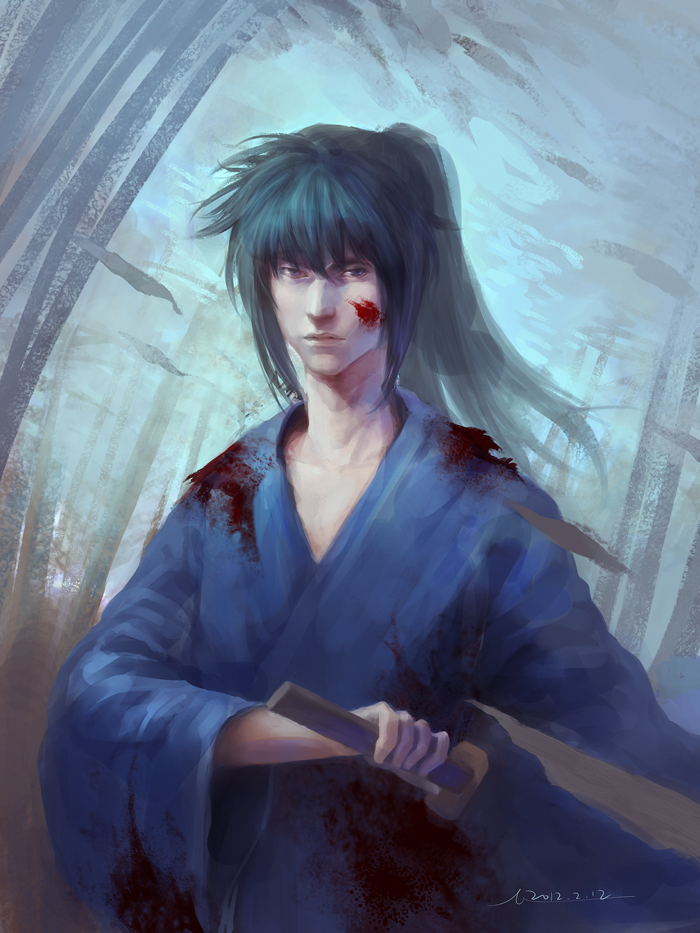 black_hair blood blue_hair dated gintama hangleing hijikata_toushirou japanese_clothes kimono long_hair ponytail realistic solo sword weapon