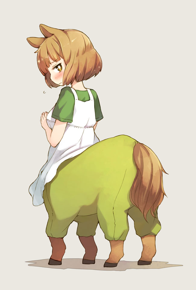 animal_ears blush brown_eyes brown_hair casual centaur centaur_no_nayami copyright_request embarrassed hooves kito_(sorahate) looking_back monster_girl short_hair solo tail wavy_mouth