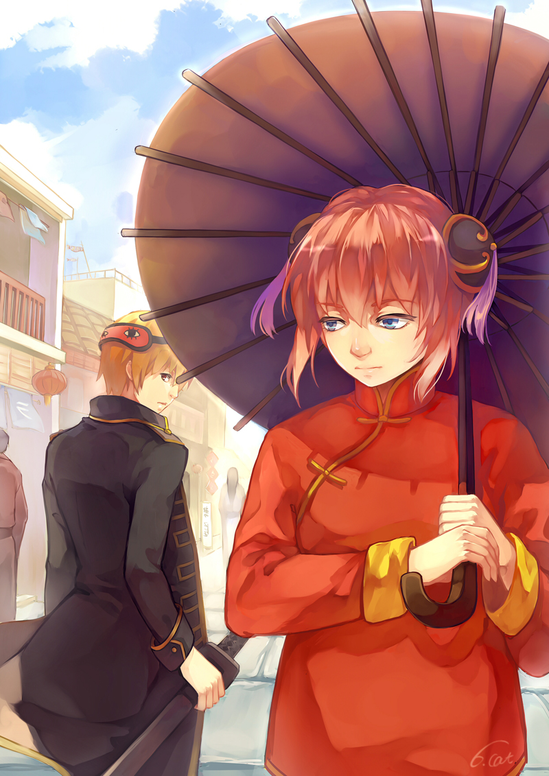 1girl 6cat blue_eyes brown_hair bun_cover chinese_clothes double_bun gintama kagura_(gintama) okita_sougo red_eyes red_hair redhead sleep_mask umbrella