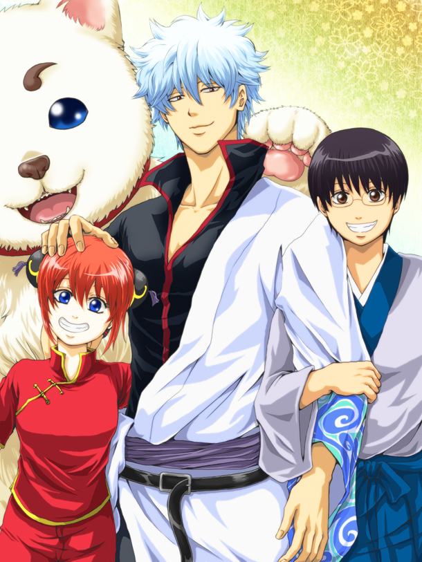 1girl 2boys black_hair blue_eyes blue_hair bun_cover chinese_clothes dog double_bun gintama glasses grin japanese_clothes kagura_(gintama) multiple_boys orange_hair red_eyes red_hair redhead sadaharu sakata_gintoki shimura_shinpachi short_hair silver_hair smile