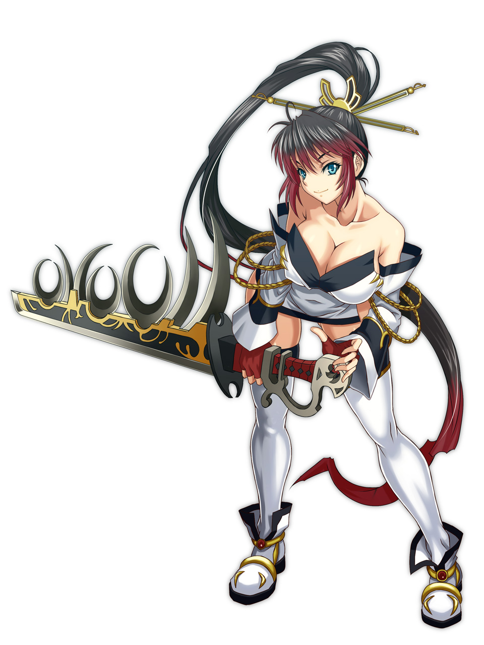 bare_shoulders black_hair blue_eyes boots breasts cleavage fingerless_gloves gloves highres long_hair multicolored_hair nanbu_kaguya ponytail red_hair redhead shunzou smile solo super_robot_wars super_robot_wars_og_saga_mugen_no_frontier sword very_long_hair weapon white_background