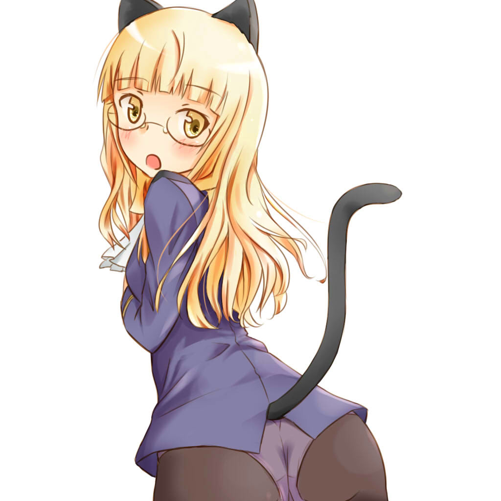 :o animal_ears ass blonde_hair chakkaman female from_behind glasses long_hair military military_uniform panties panties_under_pantyhose pantyhose perrine_h_clostermann solo strike_witches tail underwear uniform yellow_eyes