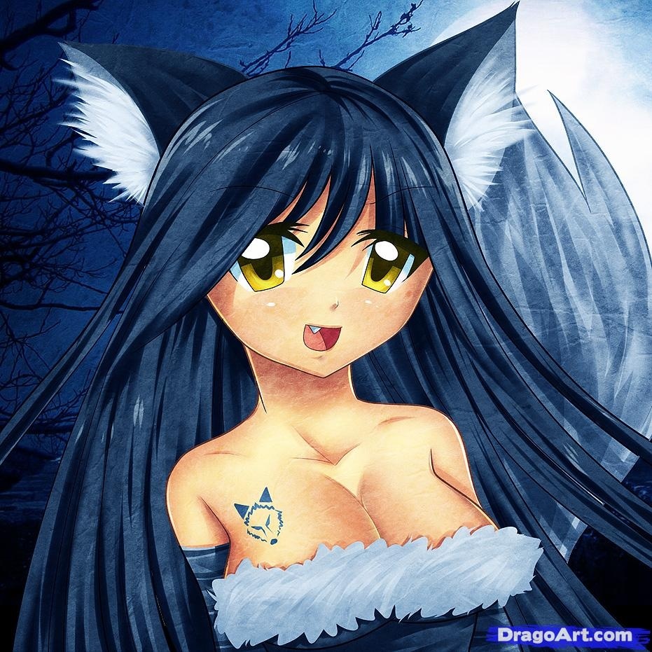 :d animal_ears artist_request breasts cleavage fang long_hair moonlight smile solo tail tattoo werewolf wolf_ears yellow_eyes