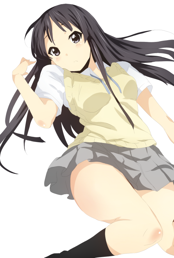 1girl akiyama_mio alternate_hairstyle black_eyes black_hair blush breasts highres hime_cut k-on! large_breasts long_hair looking_at_viewer lying school_uniform simple_background skirt solo thigh-highs thighhighs uniform very_long_hair white_background zzzz_(bbqvg)