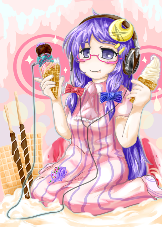 :p bespectacled blush_stickers crescent glasses hair_ornament hair_ribbon headphones ice_cream_cone kneeling long_hair no_nose patchouli_knowledge purple_eyes purple_hair ribbon smile solo tongue touhou tsuyusatomazaru violet_eyes