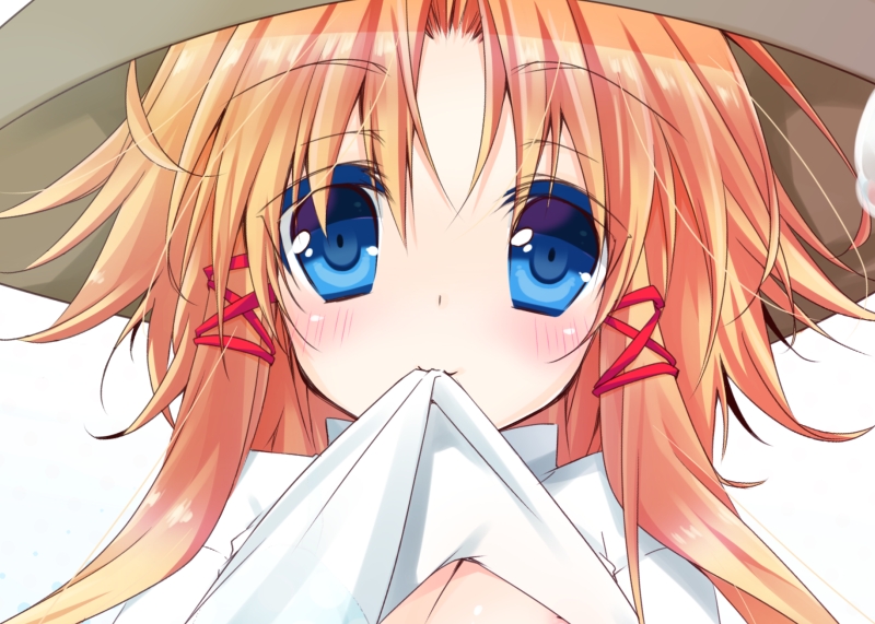 :3 bad_id blonde_hair blue_eyes blush bust close-up face looking_at_viewer mao_(alepricos) moriya_suwako mouth_hold moutuhface shirt shirt_lift simple_background smile solo touhou white_background white_shirt
