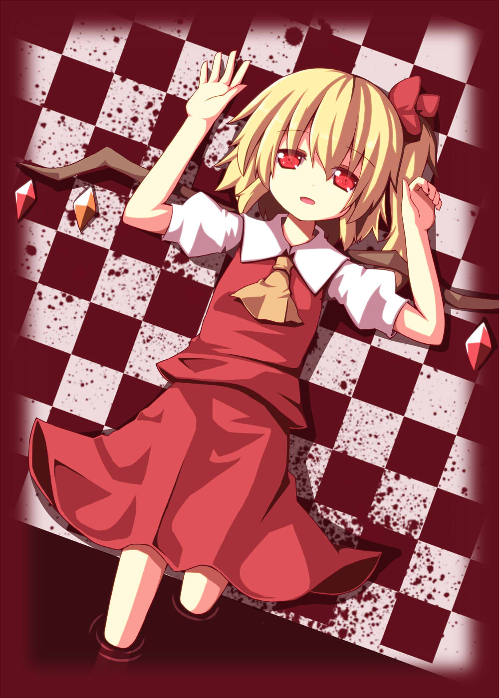 arms_up ascot blonde_hair blood blood_splatter checkered checkered_floor flandre_scarlet highres lying no_hat no_headwear ominaeshi_(takenoko) on_back red_eyes side_ponytail skirt solo touhou wings