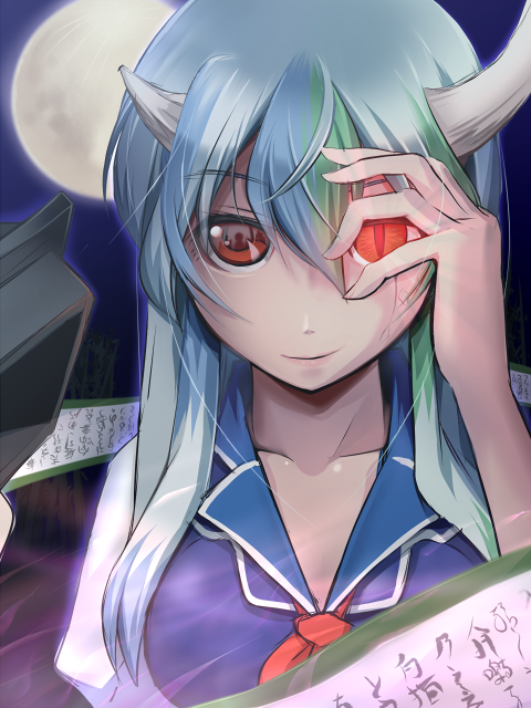 blue_hair bust ex-keine flowing_dress full_moon green_hair hat hat_removed headwear_removed horns kamishirasawa_keine long_hair moon multicolored_hair red_eyes reflection scroll slit_pupils smile solo touhou two-tone_hair you_naka