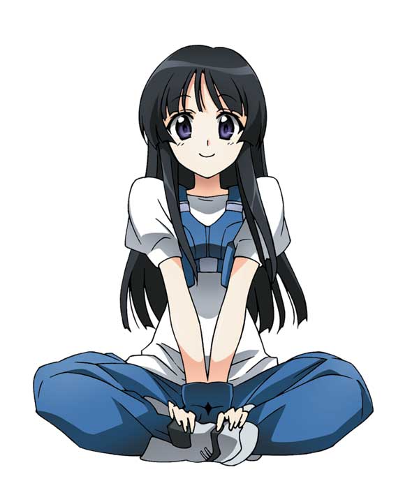 1girl bangs black_hair blue_gloves blue_pants blue_vest cropped_vest fingerless_gloves gloves indian_style jinki long_hair looking_at_viewer official_art pants shirt sitting smile solo t-shirt tsunashima_shirou tsuzaki_aoba vest violet_eyes white_background white_shirt