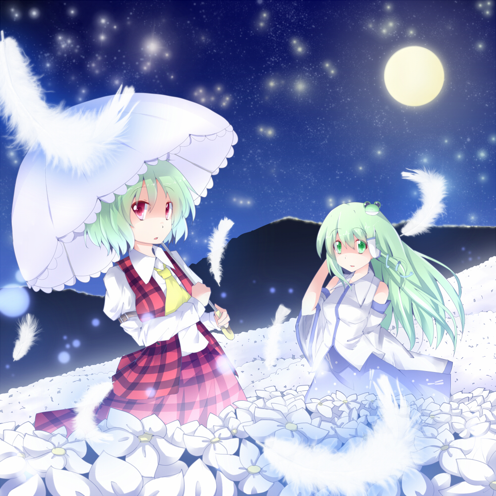 bare_shoulders dress feathers flower frog_hair_ornament full_moon green_eyes green_hair hair_ornament hiro_(pqtks113) japanese_clothes kazami_yuuka kochiya_sanae long_hair miko moon mountain multiple_girls night plaid plaid_dress red_eyes sky snake_hair_ornament star_(sky) starry_sky touhou umbrella vest