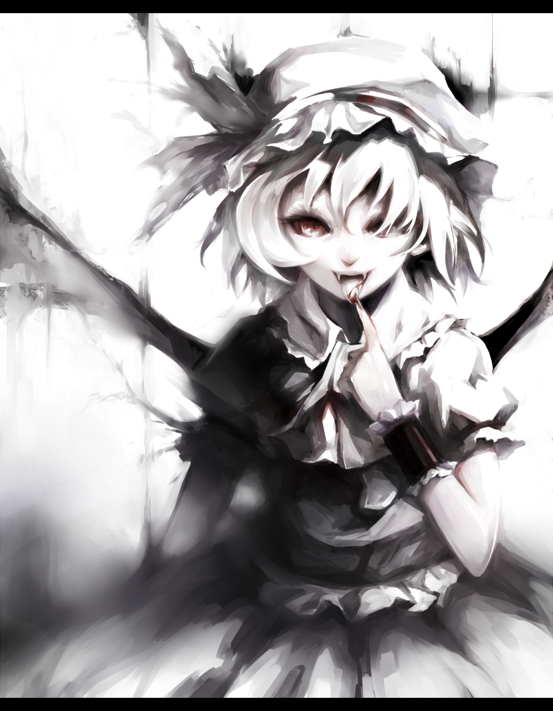 bat_wings blood fangs finger_licking hair_over_one_eye hat hat_ribbon kyokucho letterboxed licking monochrome red_eyes remilia_scarlet ribbon solo spot_color touhou wings wrist_cuffs