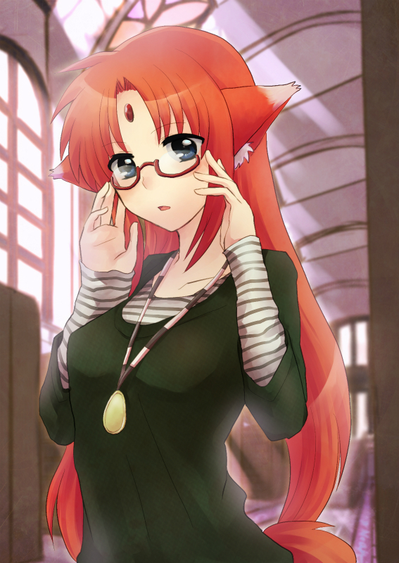 animal_ears arf bespectacled blue_eyes breasts facial_mark female forehead_mark glasses jewelry long_hair lyrical_nanoha mahou_shoujo_lyrical_nanoha necklace orange_hair solo tail tmntlovemaou