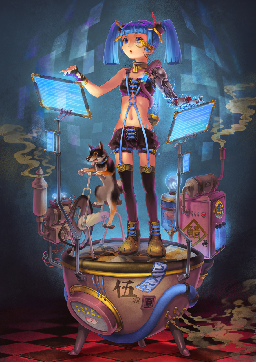 black_legwear blue_eyes blue_hair character_name checkered checkered_floor degrees_celsius dog fingerless_gloves gears gloves hair_ribbon highres lips lock midriff monocle navel padlock pixiv pixiv-tan ribbon robotic_arm shorts smoke solo standing suspenders thigh-highs thighhighs title_drop twintails