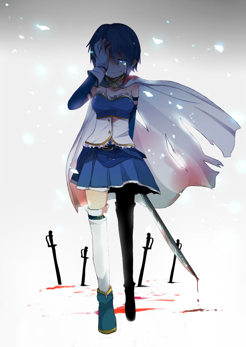 blood blue blue_eyes blue_hair cape dripping duplicate hair hand_over_eye mahou_shoujo_madoka_magica md5_mismatch miki_sayaka one_eye_covered pun2 short_hair solo sword tears thigh-highs thighhighs torn_cape weapon