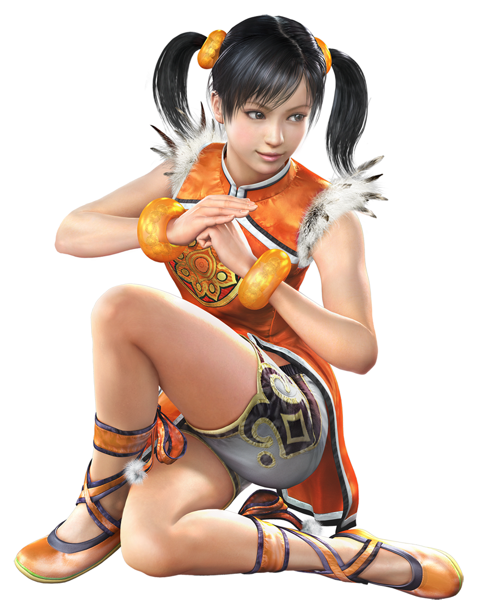1girl 3d black_hair bracelet brown_eyes chinese_clothes closed_mouth female full_body jewelry ling_xiaoyu looking_away looking_to_the_side namco no_socks official_art shorts simple_background solo tekken tekken:_blood_vengeance tekken_3 transparent_background twintails