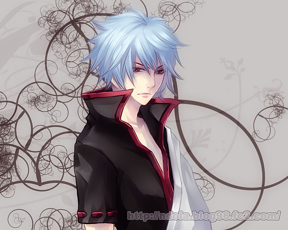 blue_hair gintama japanese_clothes red_eyes sakata_gintoki silver_hair solo watermark web_address zuowen