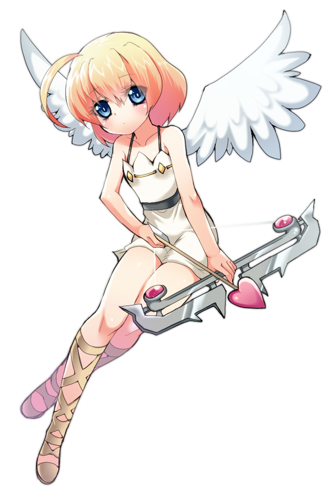 arrow blonde_hair blue_eyes blush bow_(weapon) collarbone cupid cupid_(p&amp;d) emappo heart puzzle_&amp;_dragons weapon wings