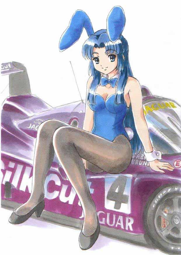 animal_ears asakura_ryouko blue_eyes blue_hair bowtie breasts brown_legwear bunny_ears bunny_girl bunny_tail bunnysuit car detached_collar fujita_(speedlimit) long_hair motor_vehicle pantyhose rabbit_ears sitting smile solo suzumiya_haruhi_no_yuuutsu tail vehicle