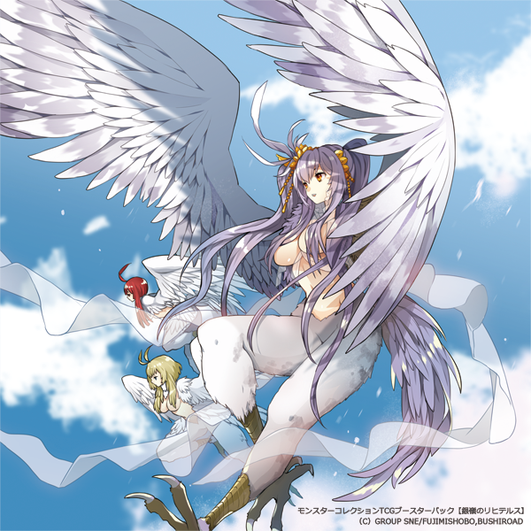 3girls :d ahoge antenna_hair blonde_hair breasts censored cloth cloud clouds company_name convenient_censoring copyright_name day feathers flying from_side grey_hair hair_censor hair_ornament hair_over_breasts harpie_fuujin_taichou harpy large_breasts long_hair looking_afar mami_(apsaras) monster_collection monster_girl multiple_girls navel official_art open_mouth orange_eyes outdoors purple_eyes red_hair redhead see-through short_hair_with_long_locks sidelocks sky smile talons twintails very_long_hair winged_arms wings
