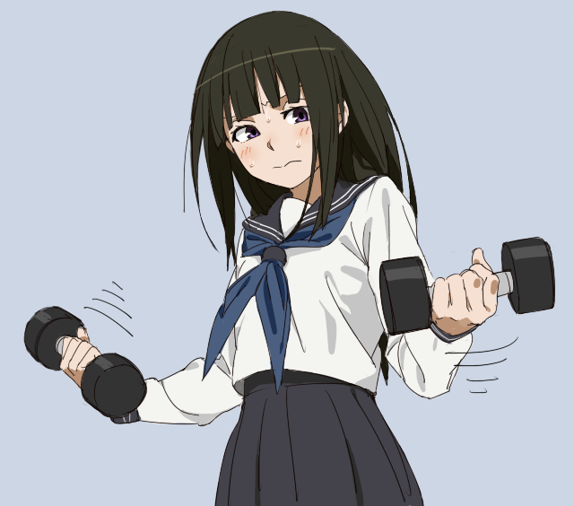 black_hair chitanda_eru dumbells exercise hyouka long_hair purple_eyes school_uniform serafuku solo tatsuki3594 violet_eyes weightlifting weights