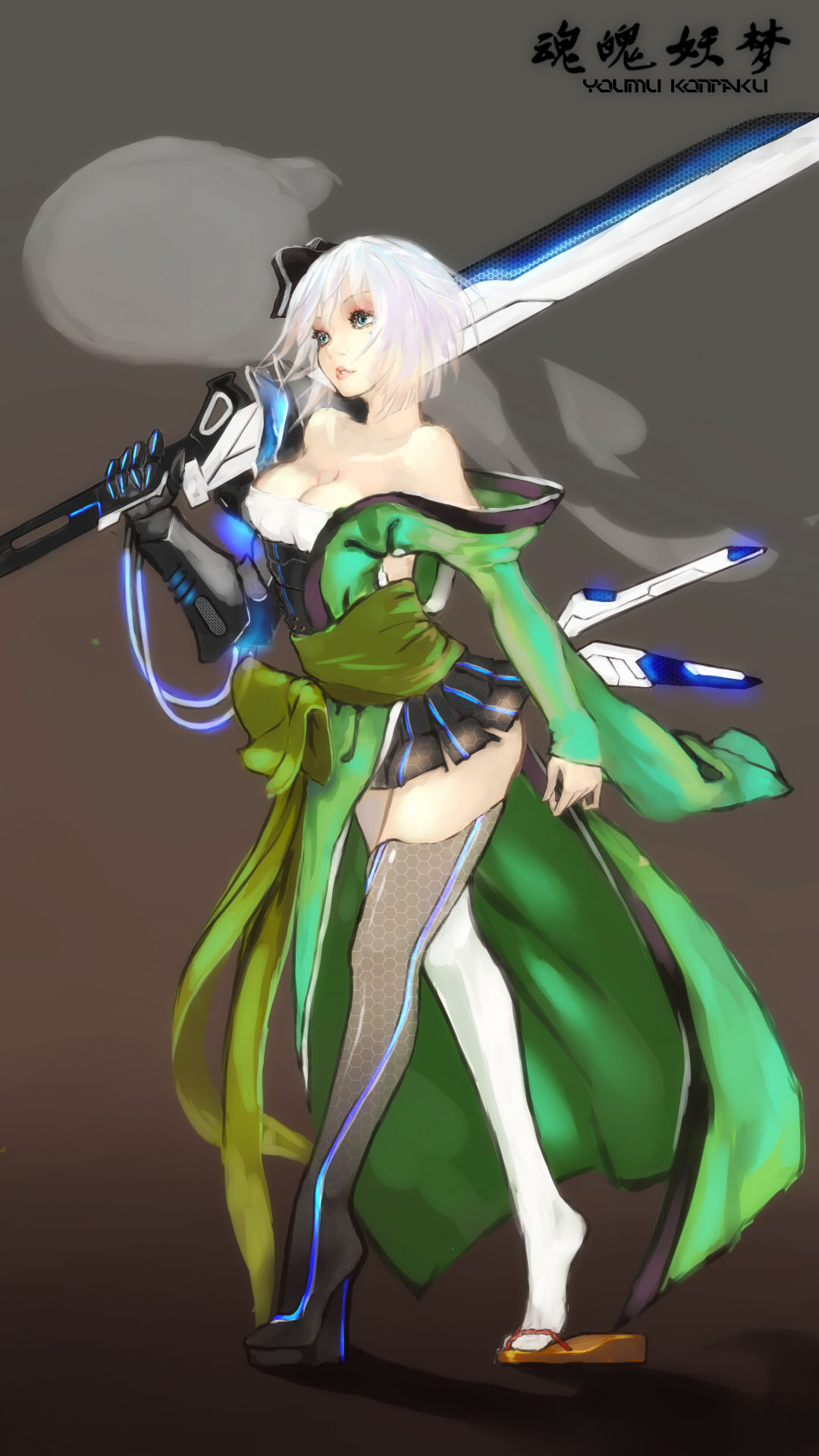 adult alternate_weapon bare_shoulders blue_eyes breasts character_name cleavage corset gauntlets gradient gradient_background grey_background hair_ribbon high_heels highres hitodama japanese_clothes kimono konpaku_youmu konpaku_youmu_(ghost) long_sleeves looking_away mecha obi off_shoulder parted_lips power_suit ribbon sandals shoes short_hair silver_hair skirt solo standing sword syka thigh-highs thighhighs touhou walking weapon zettai_ryouiki