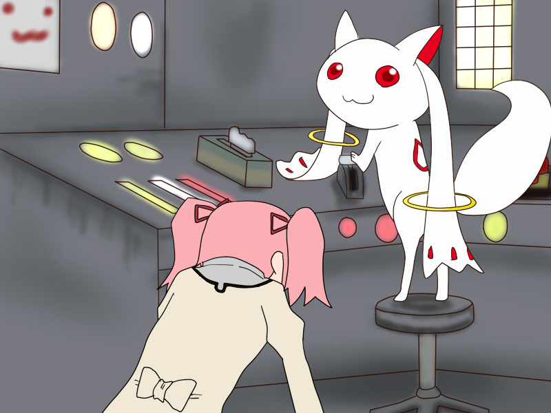 1girl :3 bow commentary crossover hair_bow kaname_madoka kneeling kyubey looking_back machine mahou_shoujo_madoka_magica mira_(silent_hill) pink_hair red_eyes ribbon school_uniform silent_hill_2 spoilers standing_on_object tissue twintails yaske_(y_kiske)