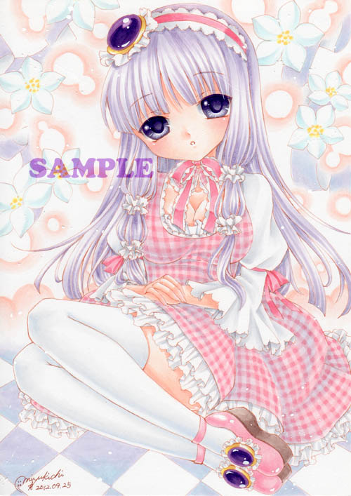 2012 :o alternate_costume bangs blunt_bangs checkered checkered_floor dated dress flower frilled_dress frills full_body gem hairband lolita_fashion long_hair marker_(medium) mocomoco_party no_hat no_headwear patchouli_knowledge pink_dress plaid plaid_dress purple_hair ribbon sample shoes signature solo sweet_lolita thigh-highs thighhighs touhou traditional_media white_legwear wide_sleeves