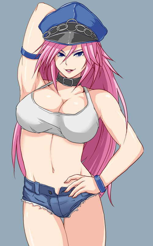 armlet armpits blue_eyes bracelet breasts cleavage collar crop_top denim denim_shorts final_fight hand_on_hip hat jewelry large_breasts lipstick long_hair makeup midriff navel peaked_cap pink_hair poison_(final_fight) short_shorts shorts smile solo testes