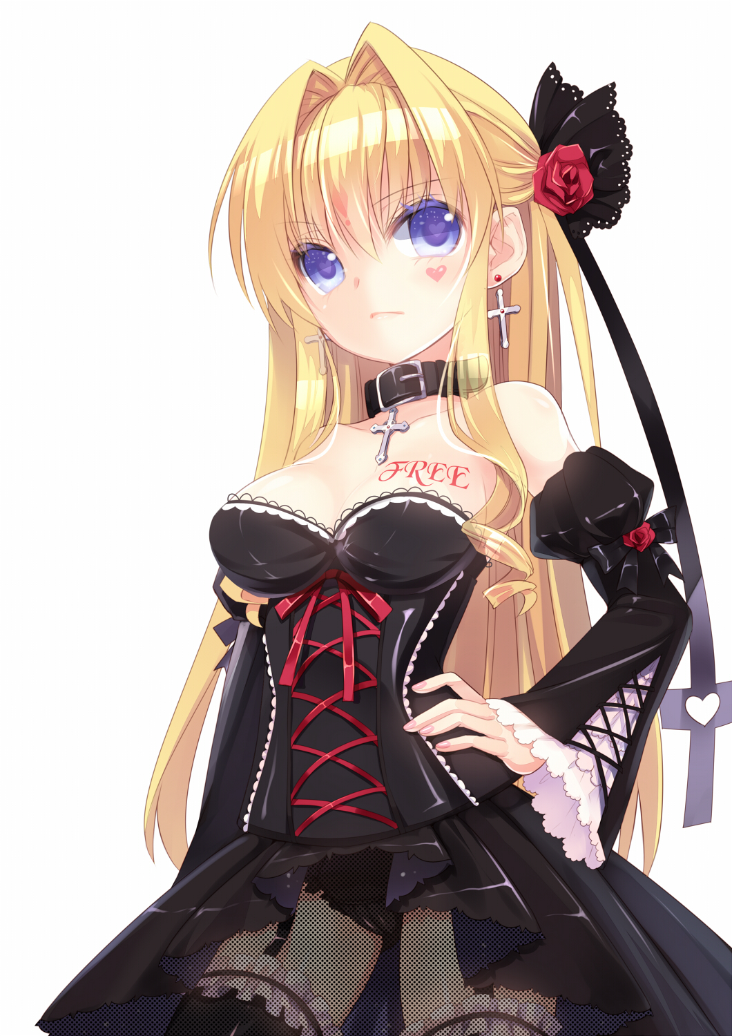 blonde_hair blue_eyes bra breasts choker corset cross detached_sleeves earrings flower garter_straps hair_flower hair_ornament hand_on_hip heart heart-shaped_pupils highres jewelry long_hair mvv necklace original panties rancy rancy01 simple_background solo symbol-shaped_pupils tattoo underwear white_background