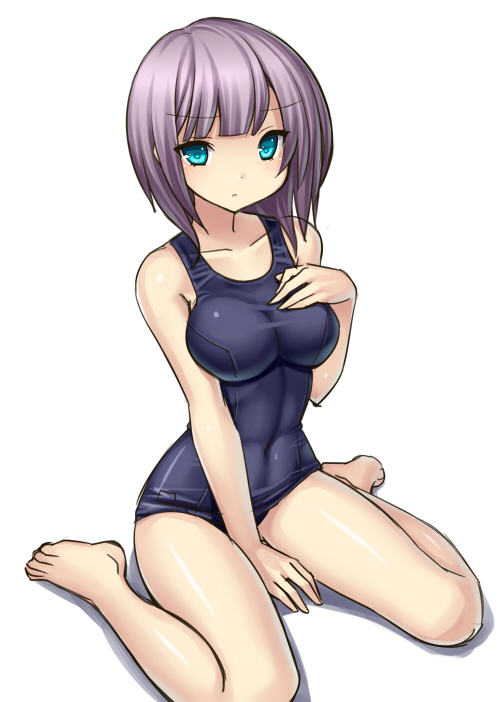 bare_legs bare_shoulders barefoot between_legs blue_eyes breasts clothed_navel feet grey_hair hand_between_legs hand_on_own_chest impossible_clothes impossible_swimsuit original short_hair simple_background sitting solo thighs tsukumiya_amane wariza white_background