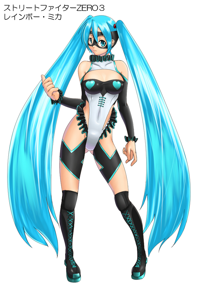 1girl aqua_eyes aqua_hair boots cosplay cross-laced_footwear hatsune_miku judge_martin lace-up_boots long_hair mask rainbow_mika rainbow_mika_(cosplay) simple_background solo street_fighter street_fighter_zero street_fighter_zero_iii twintails very_long_hair vocaloid white_background
