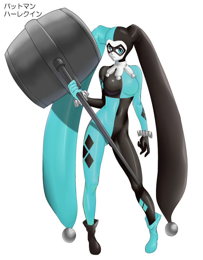 1girl batman_(series) bodysuit cosplay dc_comics domino_mask full_body hammer harley_quinn harley_quinn_(cosplay) hatsune_miku judge_martin long_hair mask simple_background solo twintails very_long_hair vocaloid