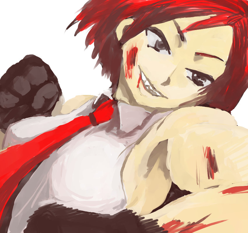 1girl bare_shoulders blood blood_on_face breasts gloves grin king_of_fighters necktie punching red_hair redhead short_hair smile solo vanessa