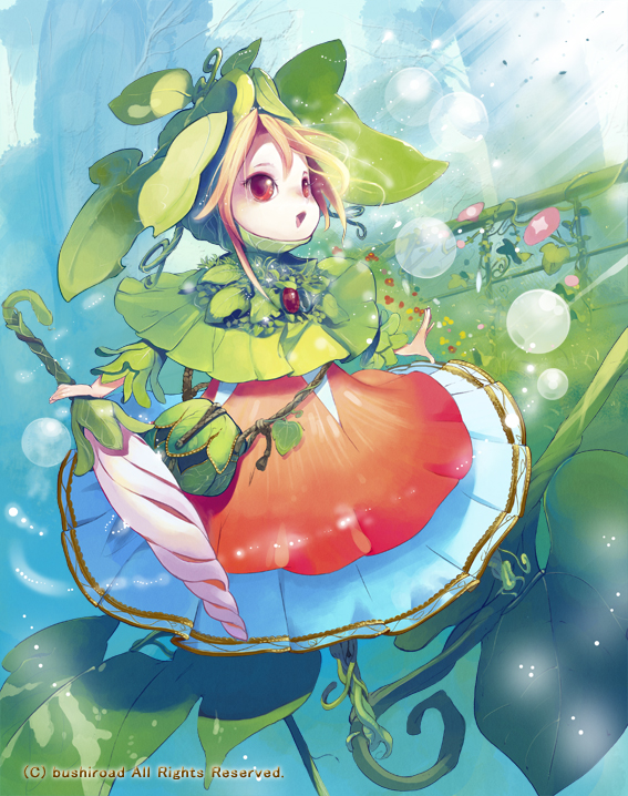 blonde_hair capelet copyright_notice copyright_request creature dress fairy flower leaf leaf_clothing open_mouth red_eyes saitou_takeo umbrella vines watermark