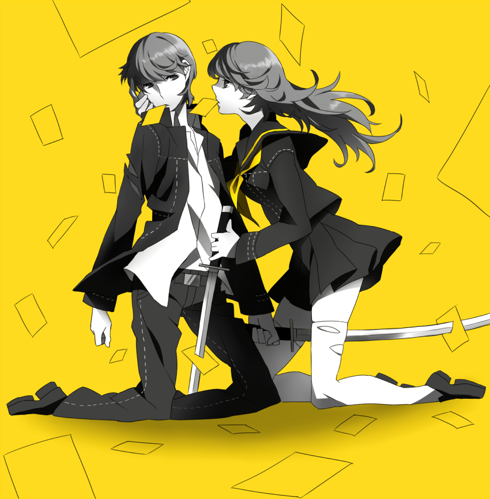 1girl card_in_mouth dual_persona falling_card genderswap katana kneeling long_hair monochrome mouth_hold narukami_yuu persona persona_4 school_uniform selfcest shiori_(1095951) short_hair simple_background skirt spot_color sword thigh-highs thighhighs weapon yellow_background